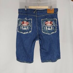 Vintage Y2K RMC Red Monkey Men Jean Shorts 38 Blue Denim Button Fly Embroidered
